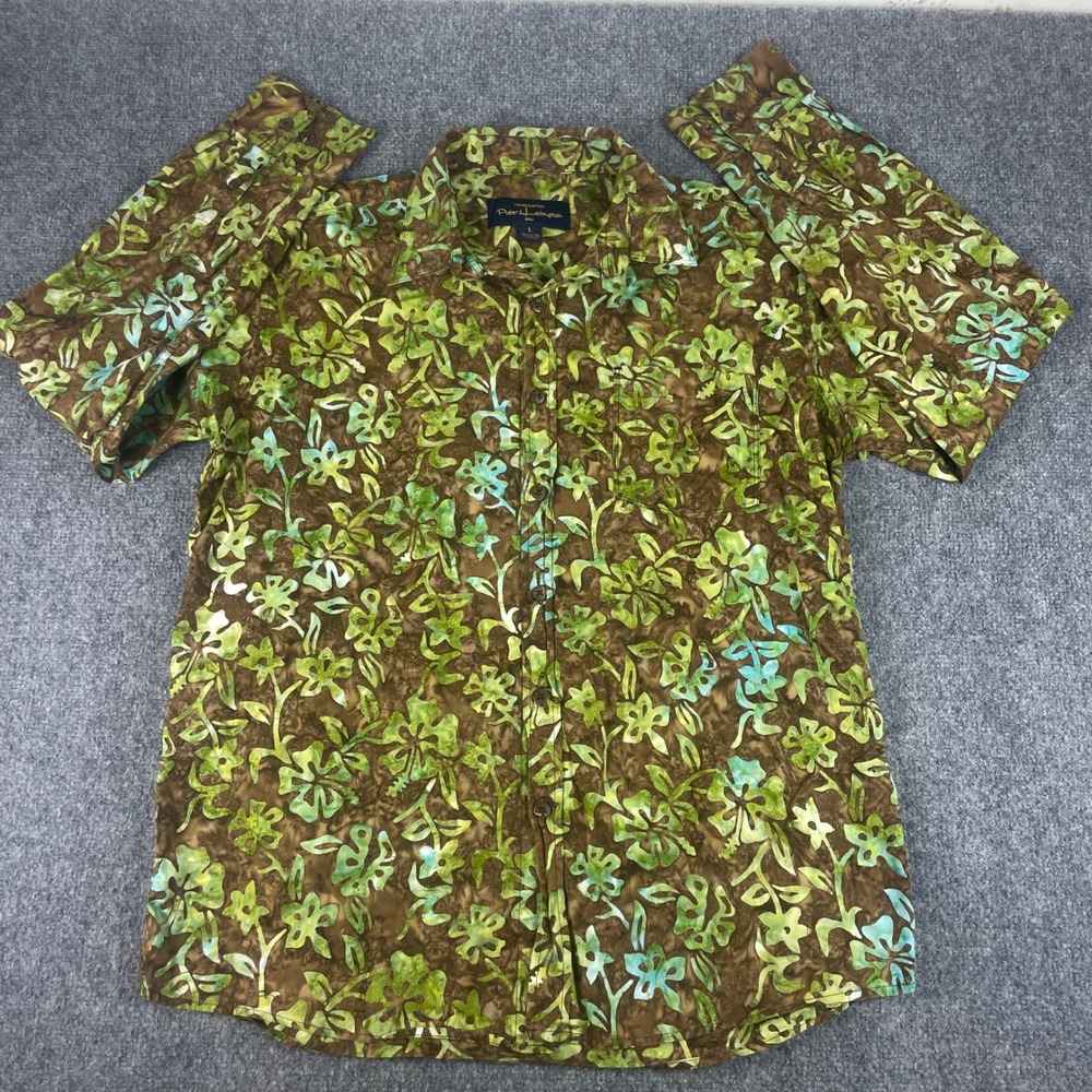 Pete Huntington Shirt Large Green Brown 100% Cotton Bali Handcrafted Floral Mens - Picture 2 of 6